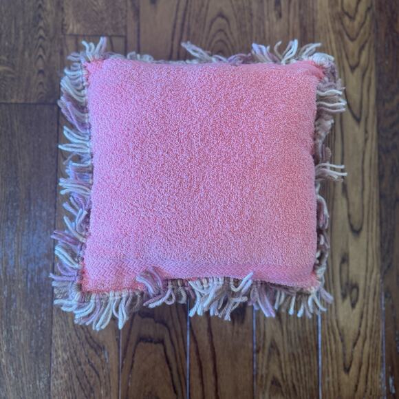 VTG Mushroom Shag Throw Pillow Latch Hook Pink Towel Back Pink Floral Handmade - Picture 7 of 11